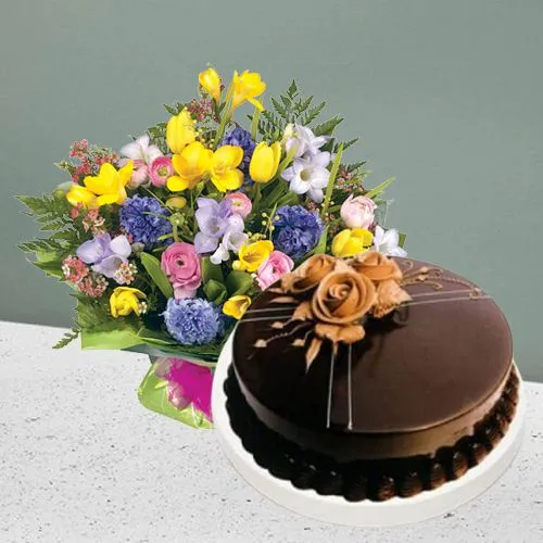 Order Seasonal Flowers Bouquet with Chocolate Cake