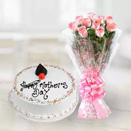 Get Pink Roses Bouquet with Cake for the Best Mother in the World
