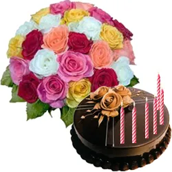 Send Mixed Roses Bunch with Chocolate Cake 