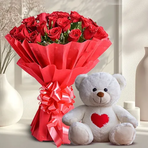 Charming Red Roses  N  Cuddly Companion