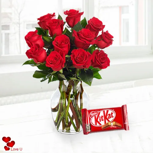 V-Day Gift of Red Roses in Vase with Cadbury Chocolates