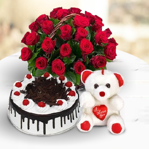 Deliver Online Red Roses with Black Forest Cake N Teddy 