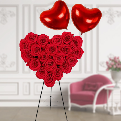 Shop Dutch Red Roses in Heart Shape Arrangement with Heart Shape Balloons
