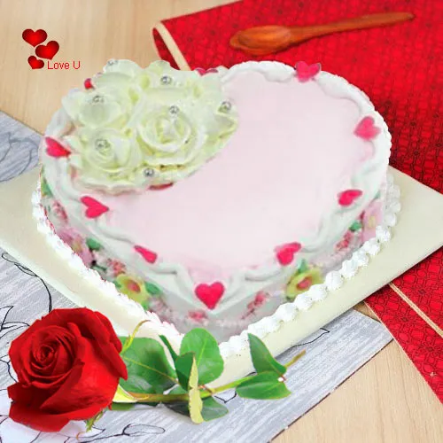 Online Order Single Red Rose N Heart Shape Cake