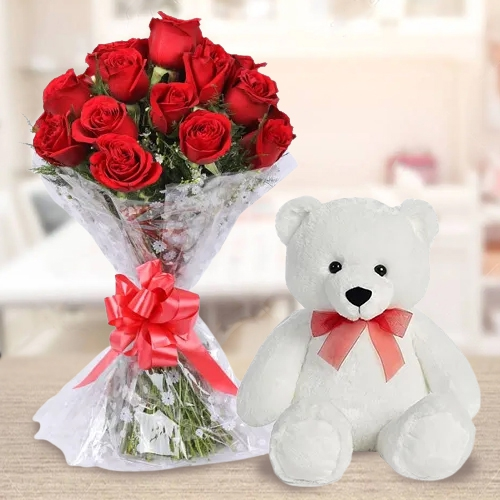 Order Combo of Red Roses N Teddy Bear for Teddy Day