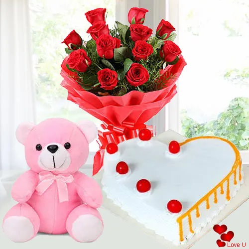 Order Red Roses with Teddy N Cake for Teddy Day