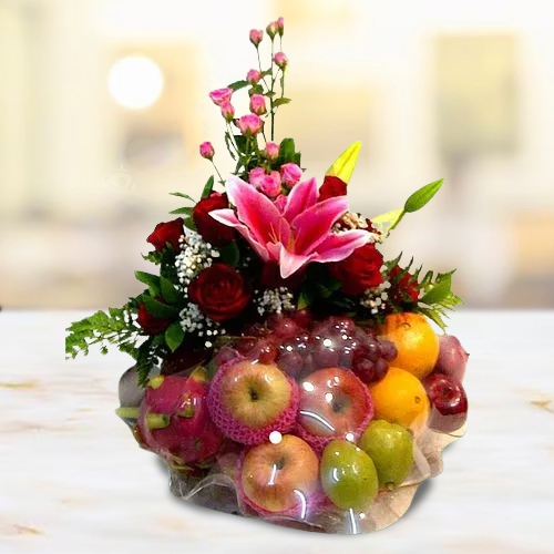 Sending Flowers with Mixed Fruits Basket