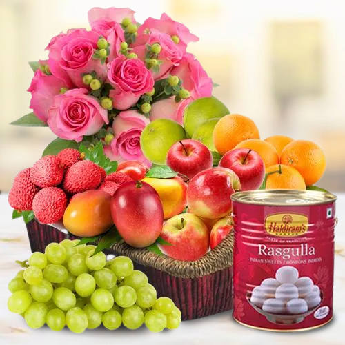 Send Fresh Fruits Basket with Haldiram Rasgulla and Rose Bouquet