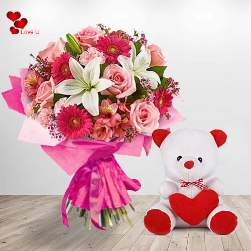 Deliver Valentines Day Gift of Teddy N Floral Bunch
