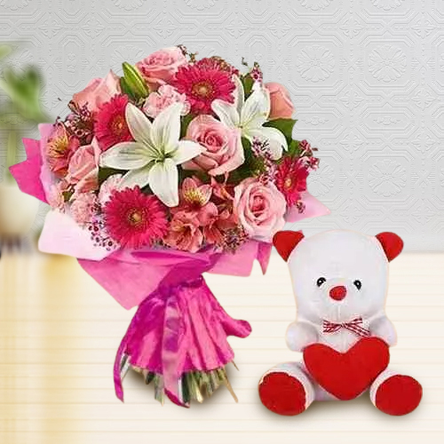 Send Teddy and Mixed Flowers Bouquet  