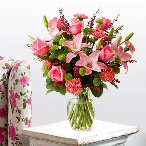 Send Royal arrangement of Lilies, Roses and Carnations for Mother