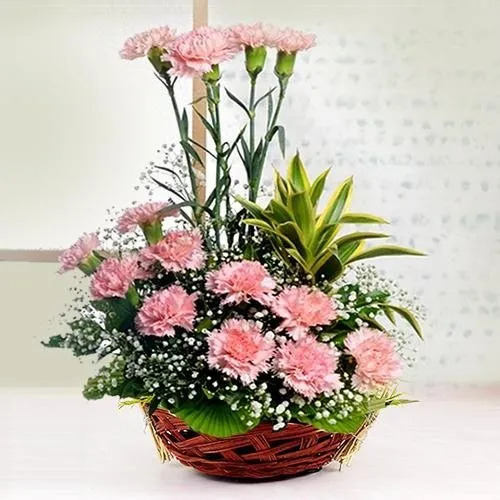 Send Mothers Day Pink Carnations Basket for Super Mom 