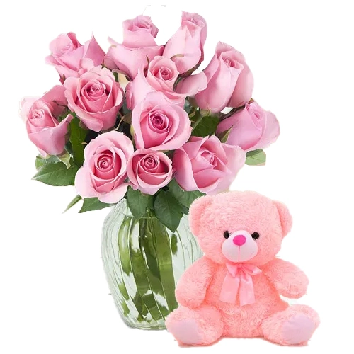 Online Pink Roses N Teddy Gift Combo for Rose Day