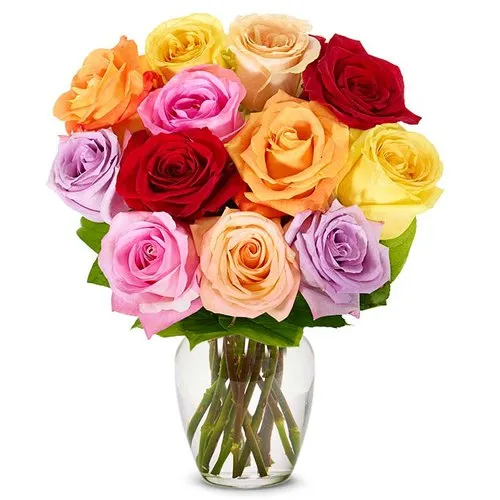 Buy Mixed Bunch of Roses in a Glass Vase Online