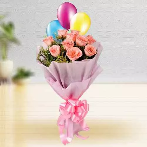 Send Special Pink Roses Bouquet with Balloons