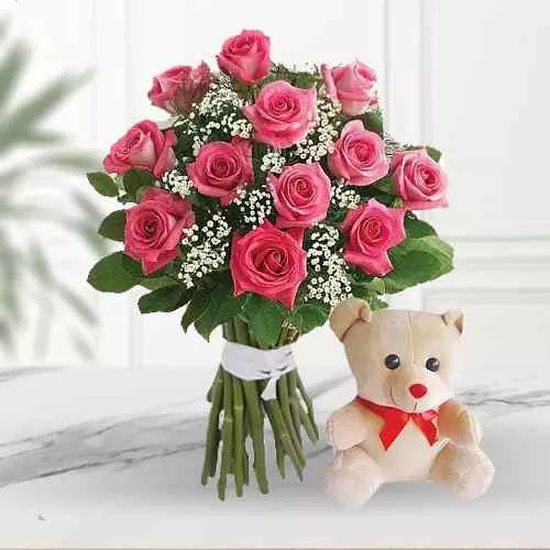 Send Pink Roses Bunch with Teddy Bear 