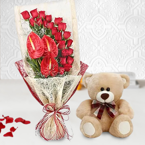 Send Amazing Bunch of Red Roses n Anthodium with Teddy