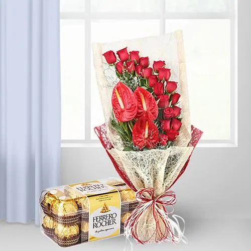 Deliver Exclusive Red Roses n Anthodium Bunch with Ferrero Rocher