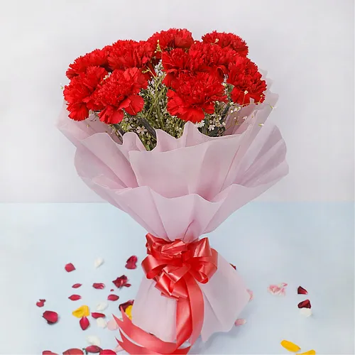 Sending Hand Bunch of Red Carnations in Tissue Wrapping 