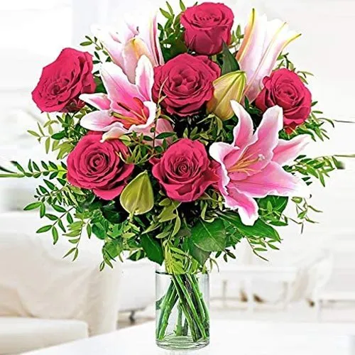 Order Assemble of Pink Lilies with Red Roses in Glass Vase