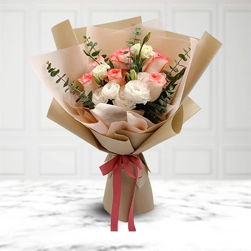 Send Blushing White N Pink Roses Bouquet with Filler Flowers
