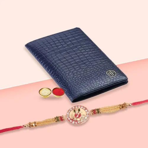 Beautiful Kundan Rakhi with Leather Passport Holder Combo