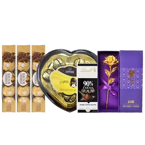 Amazing Love Hamper of Assorted Chocolates N Golden Rose