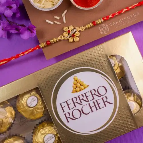 Charming Floral Kundan Rakhi N Ferrero Rocher Combo