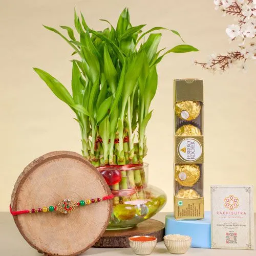 Stylish Peacock Rakhi with Rocher N Lucky Bamboo Delight