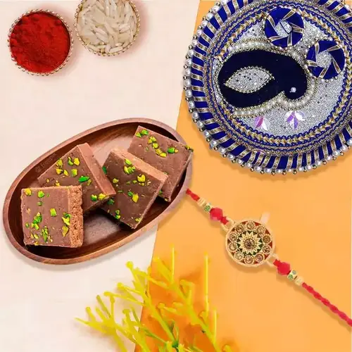 Irresistible Gift of Chocolate barfi qty 500gms with Rakhi Thali and Rakhi