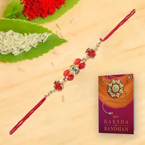 Ethnic Red Stone N Gold Bead Rakhi