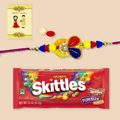 Lovely Rakhi with Skittles Pack Roli Chawal N Card