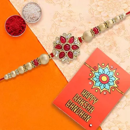 Decorative Jewel Rakhi with Roli, Chawal Tika n Card