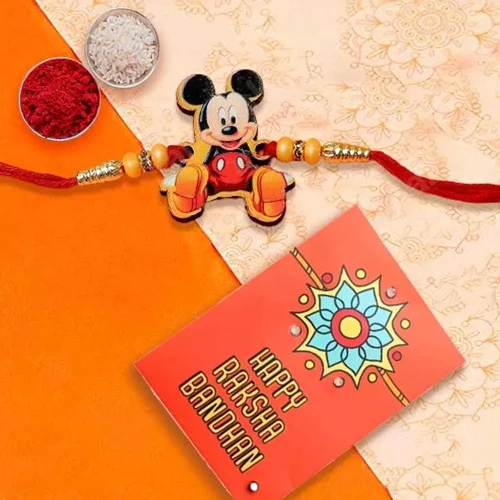 Trendy Mickey Rakhi with Roli, Chawal Tilak n Card