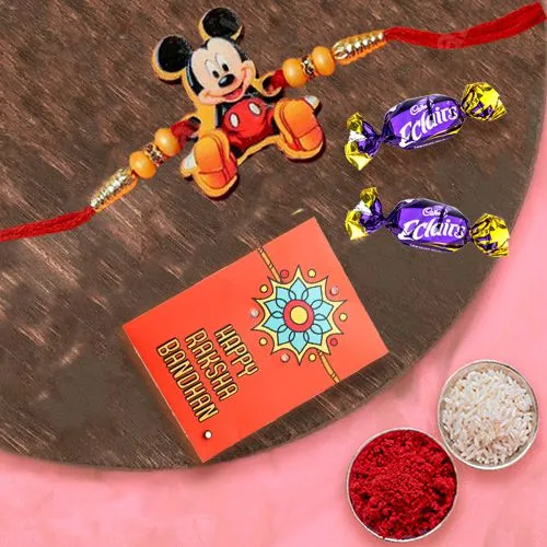 Fancy Kids Rakhi with 2 Chocolates Roli Chawal Tika n Card