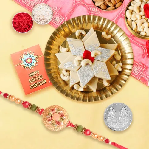 Traditional Rakhi Delight with Kaju Katli & Silver Coin