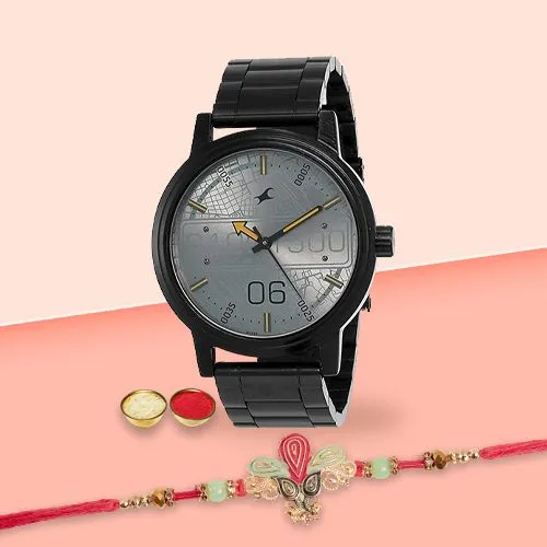 Timeless Fastrack Watch  N  Kundan Rakhi Gift Bundle